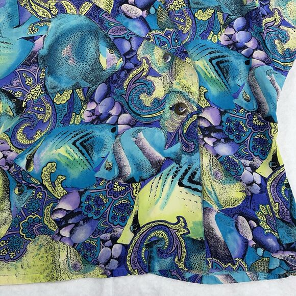 Vintage Silk Top Women's Sz 8 Tropical Ocean Fish Floral Paisley MISSING BUTTONS - Picture 2 of 16